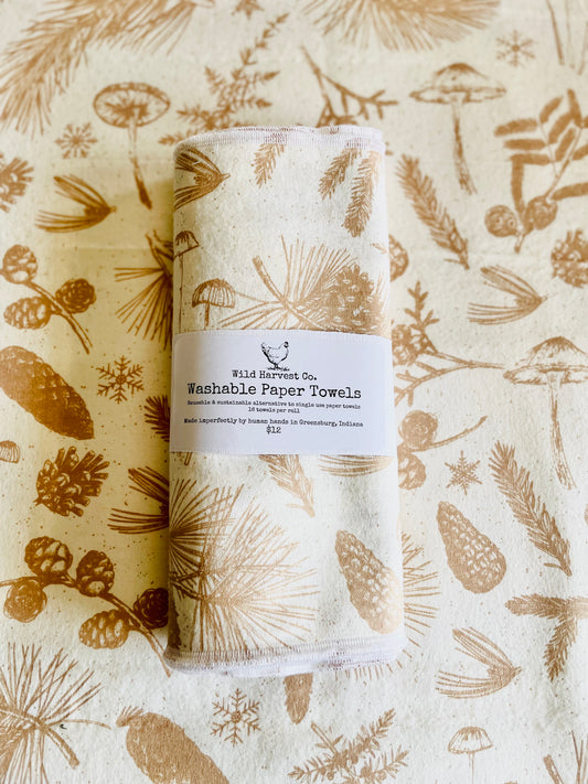 Beige Pinecones & Mushrooms Washable Paper Towels