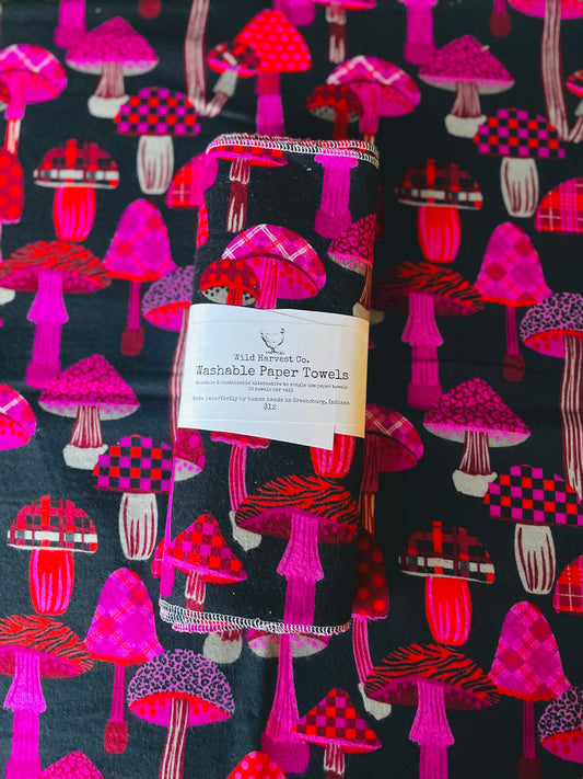 Black & Pink Mushrooms Washable Paper Towels