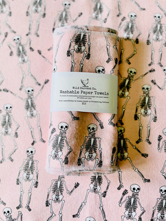 Pink Skeletons Washable Paper Towels