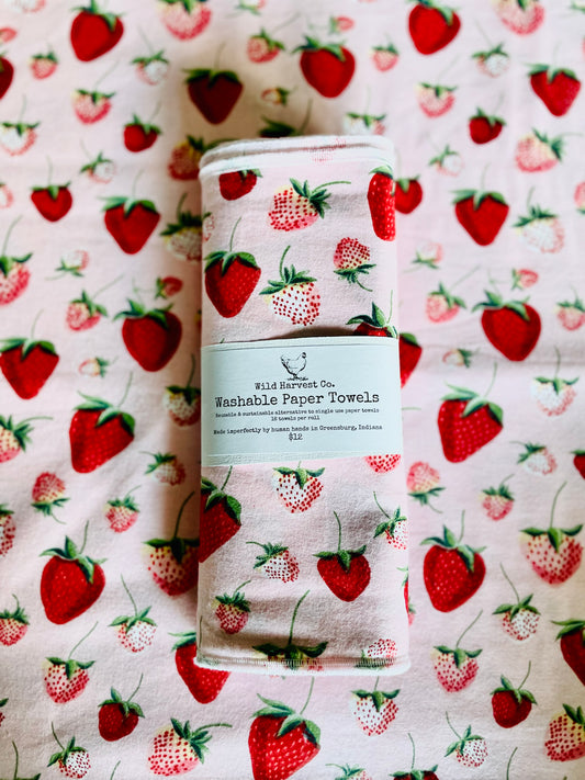 Pink Strawberries Washable Paper Towels