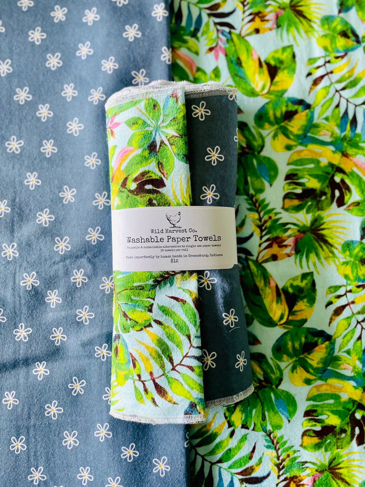 Mixed Tropical Leaves & Blue Flowers Washable Paper Towels